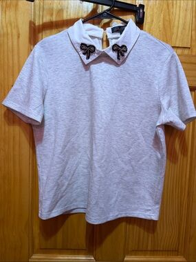 Light Gray Knit Top with Beaded Bow Peter Pan Collar